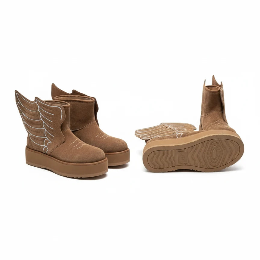 Brown Angel Wing Boots with embroidered wing panels and platform soles