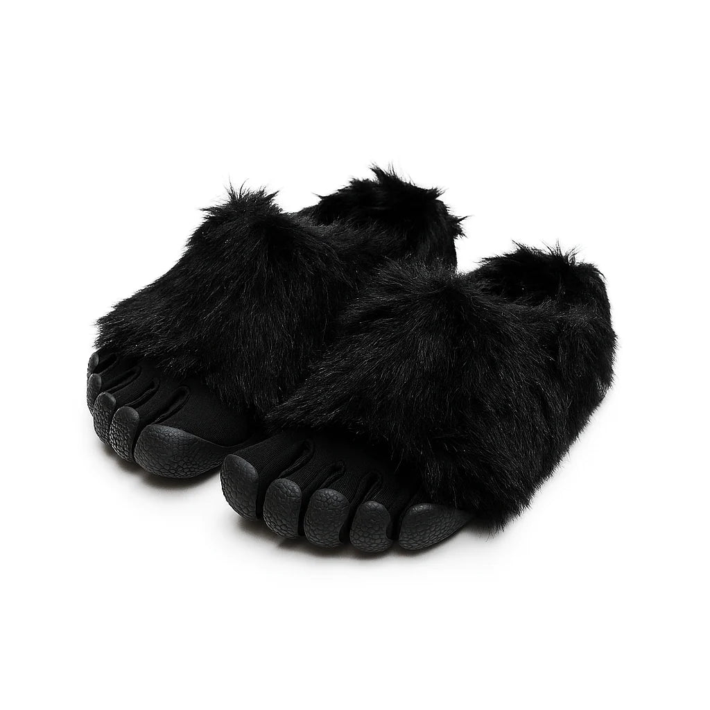 Black furry Bigfoot five-toe shoes angled view