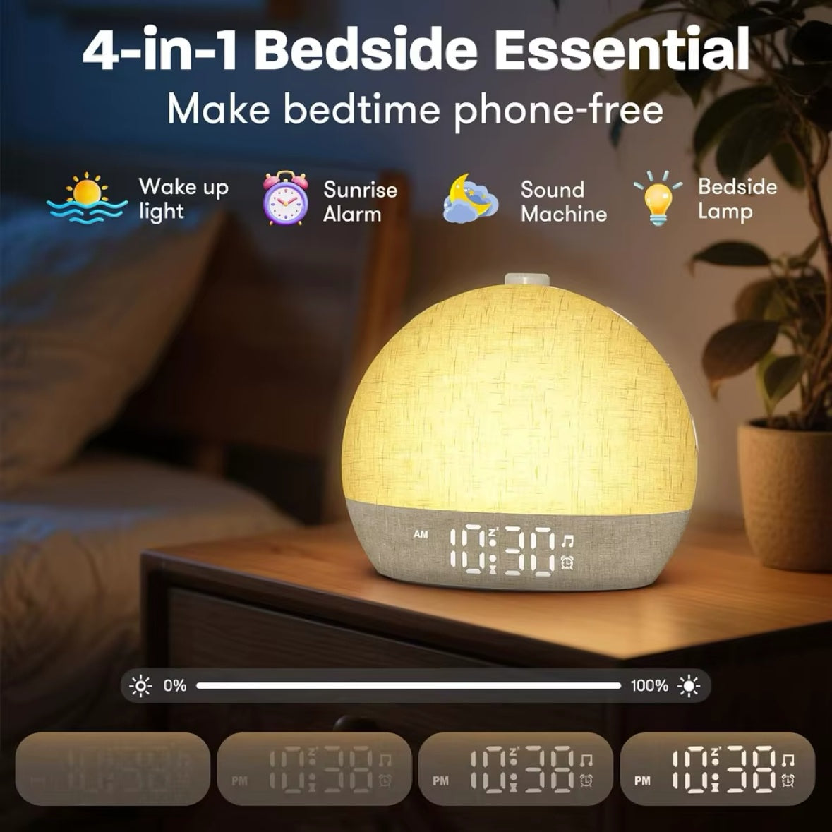 4-in-1 bedside essential: wake up light, sunrise alarm, sound machine, bedside lamp