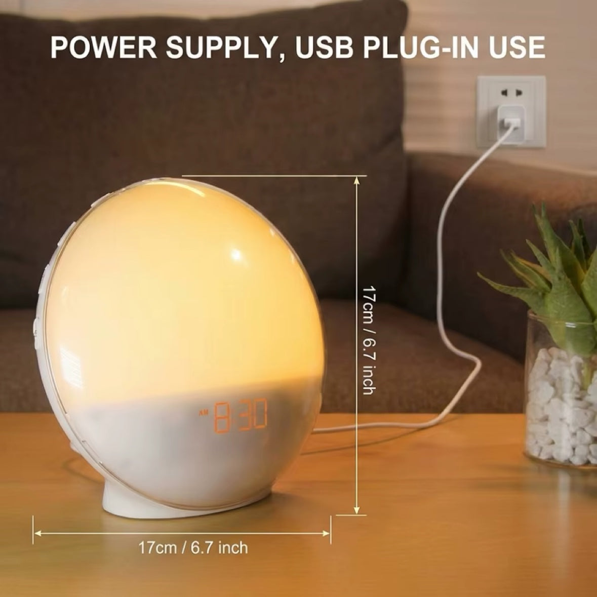 Sunrise alarm clock on nightstand - USB plug-in, 17cm size